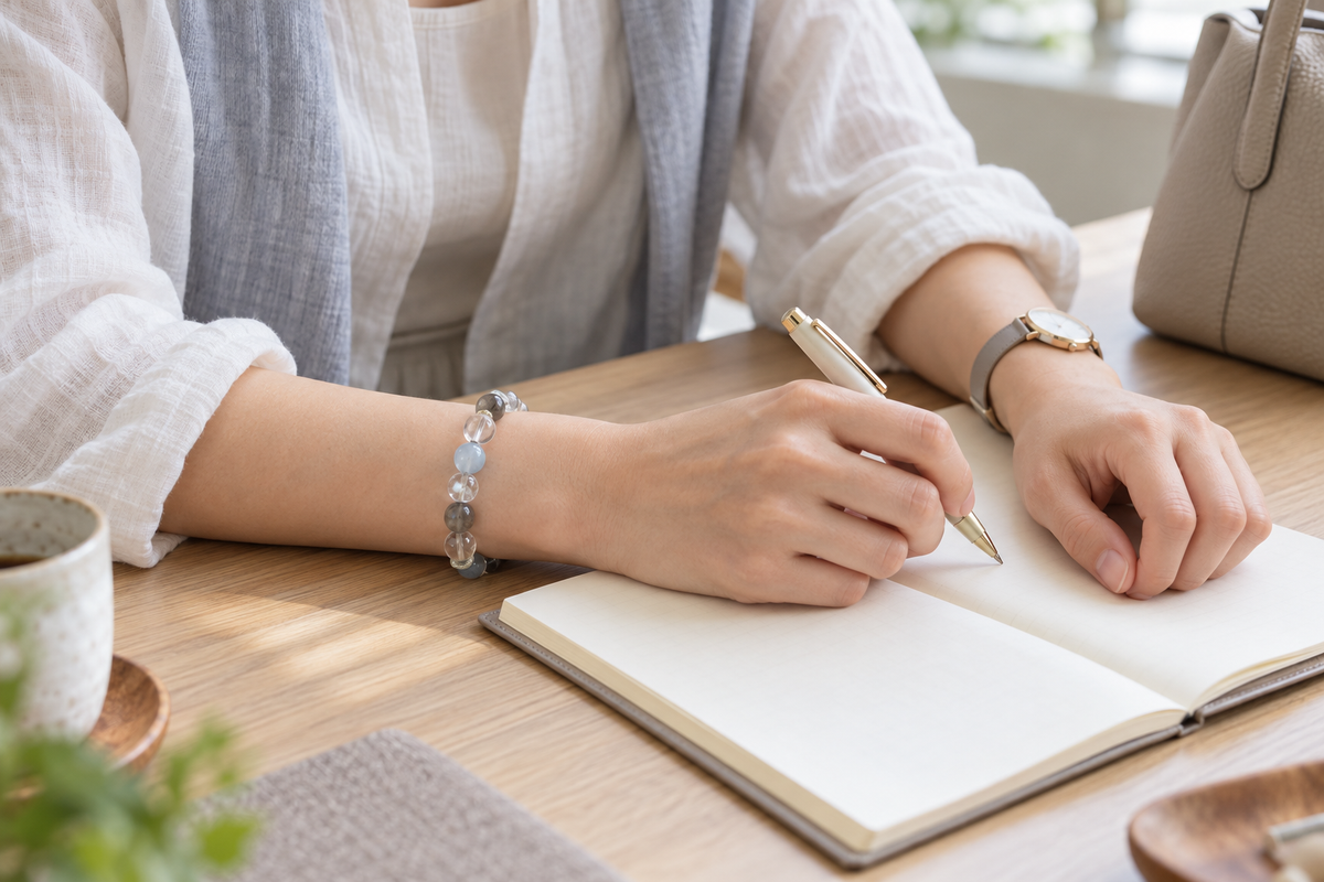 天然石ブレスレットと腕時計を左右の手に分け、ノートに文字を書く女性の手元。