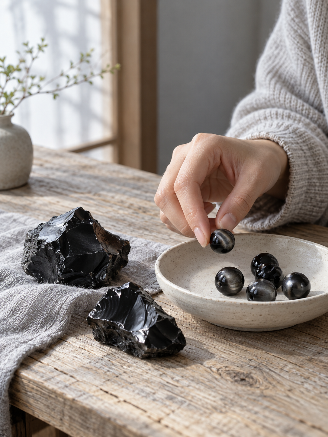 自然光の入る室内で、黒曜石の原石と銀色の光沢を持つ丸玉を手に取る様子。