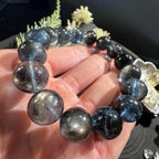 アクアマリン・黒系ビーズブレスレット 12mm玉 内周約17cm ミステリアスな輝き ユニセックス デザインブレスレット