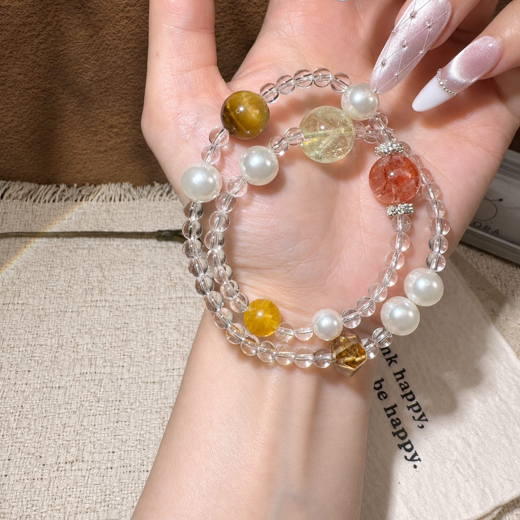 紅膠花クォーツ クリアクォーツ ロングデザインブレスレット 2重巻き シトリン最大15mm タイガーアイ最大12.5mm 人工パール 黄塔晶 内周約32cm