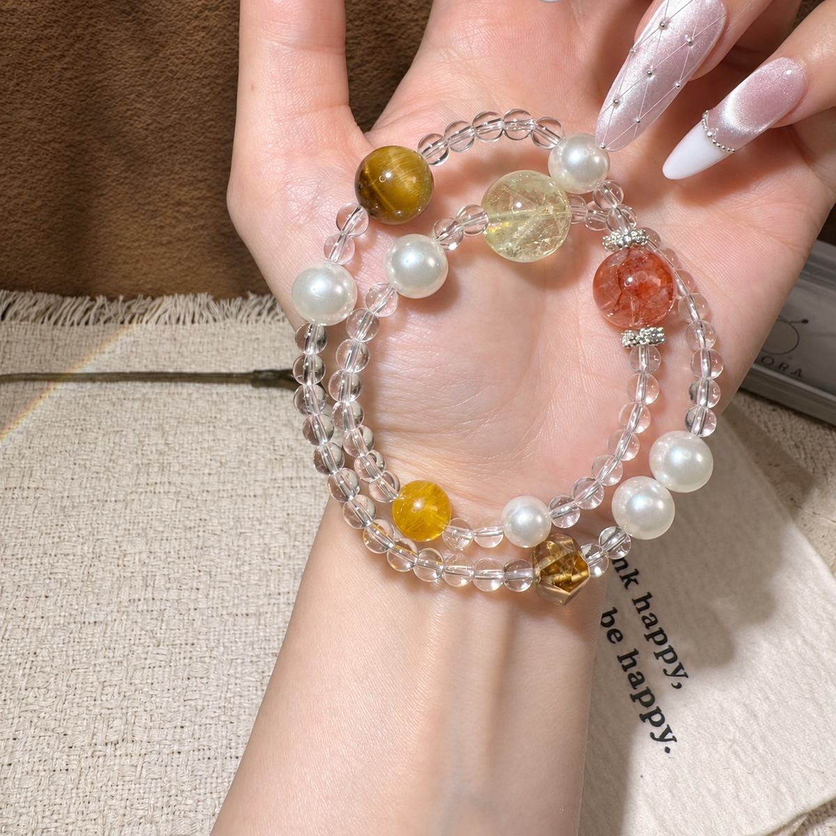 紅膠花クォーツ クリアクォーツ ロングデザインブレスレット 2重巻き シトリン最大15mm タイガーアイ最大12.5mm 人工パール 黄塔晶 内周約32cm