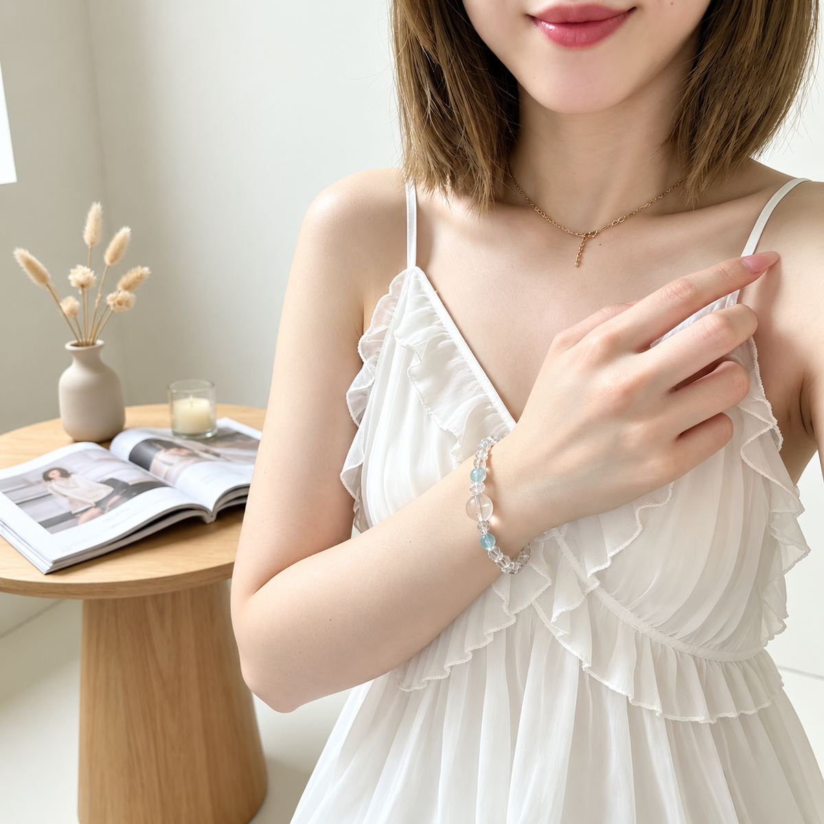クリアクォーツ ブレスレット  14mm大玉 小粒最大7.5mm アクアマリン2粒 最大8.5mm レディース クリアブルー 内径16cm